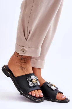 Klapki Damskie Klasyczne>Damskie buty S.Barski Damskie Klapki Z Kamieniami S.Barski KV-2775-31 Czarne Czarny