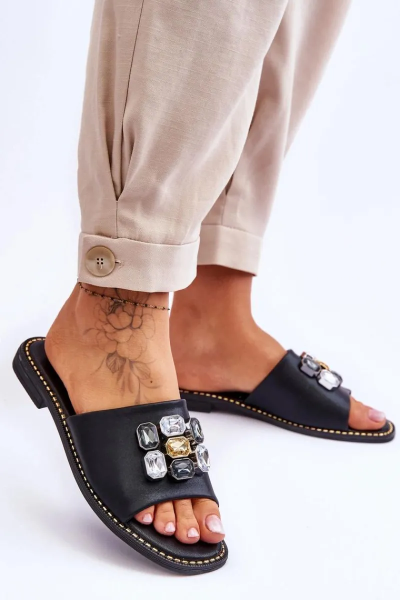 Klapki Damskie Klasyczne>Damskie buty S.Barski Damskie Klapki Z Kamieniami S.Barski KV-2775-31 Czarne Czarny