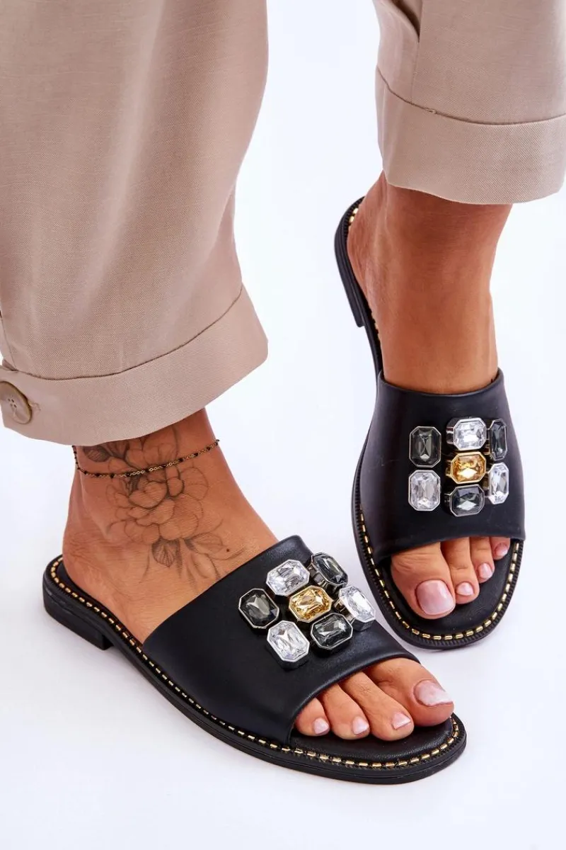 Klapki Damskie Klasyczne>Damskie buty S.Barski Damskie Klapki Z Kamieniami S.Barski KV-2775-31 Czarne Czarny