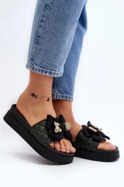 Klapki Damskie Klasyczne>Boto Damskie Klapki Z Kokardą i Misiem Czarne Katterina