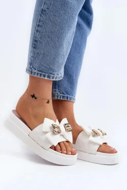 Best Boto Damskie Klapki Z Kokardą i Misiem Białe Katterina