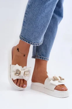 Best Boto Damskie Klapki Z Kokardą i Misiem Białe Katterina