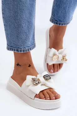 Best Boto Damskie Klapki Z Kokardą i Misiem Białe Katterina