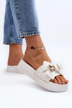 Best Boto Damskie Klapki Z Kokardą i Misiem Białe Katterina