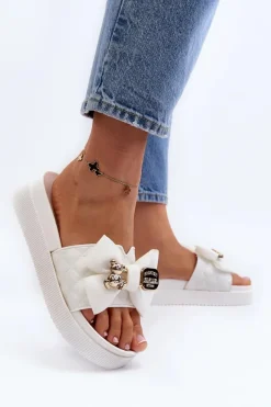 Best Boto Damskie Klapki Z Kokardą i Misiem Białe Katterina