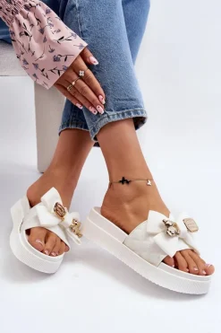 Best Boto Damskie Klapki Z Kokardą i Misiem Białe Katterina