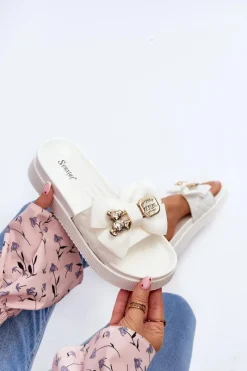 Best Boto Damskie Klapki Z Kokardą i Misiem Białe Katterina