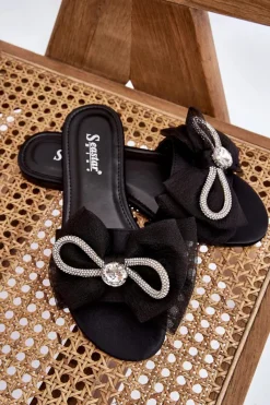 Best Boto Damskie Klapki Z Kokardą I Cyrkoniami Czarne Jolene