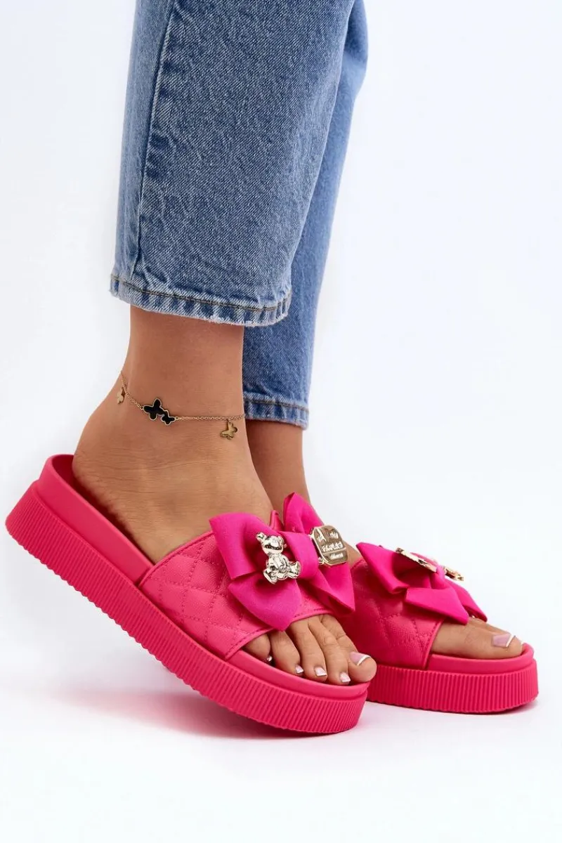 Damskie Klapki Z Kokardą i Misiem Fuksja Katterina Damskie Klapki Damskie Klasyczne