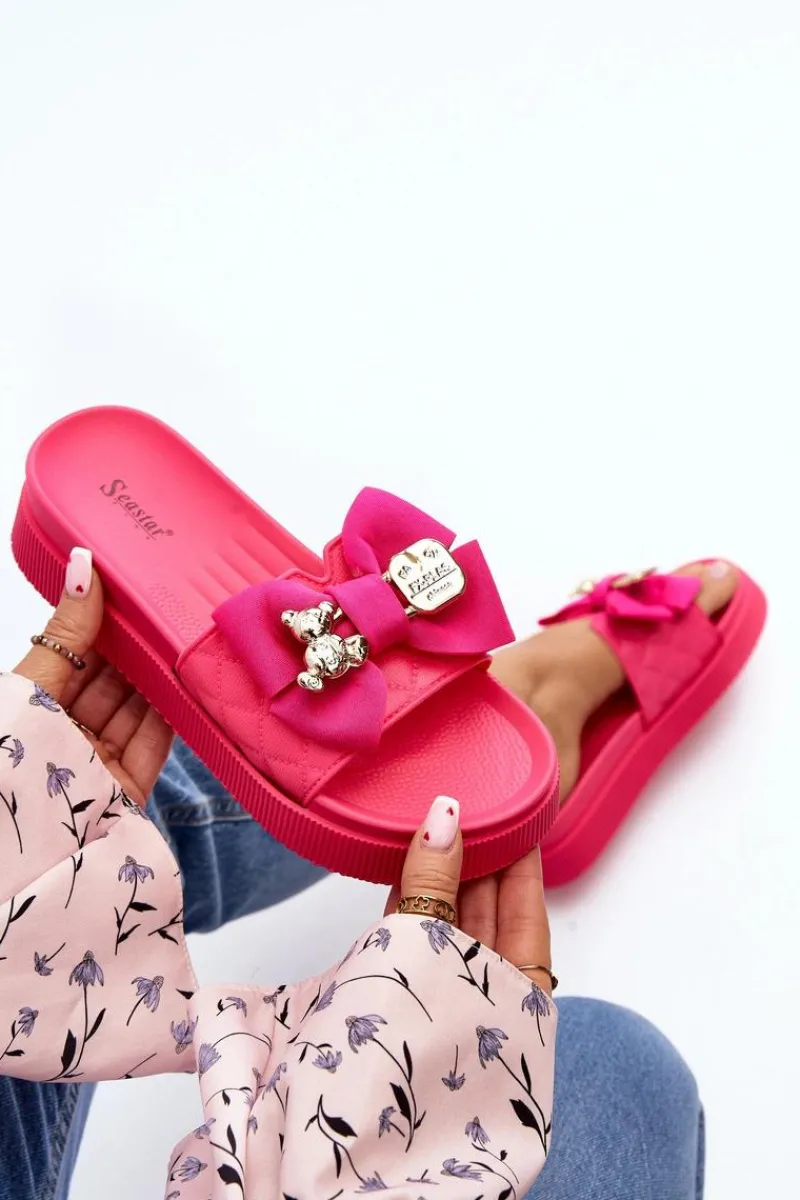 Damskie Klapki Z Kokardą i Misiem Fuksja Katterina Damskie Klapki Damskie Klasyczne