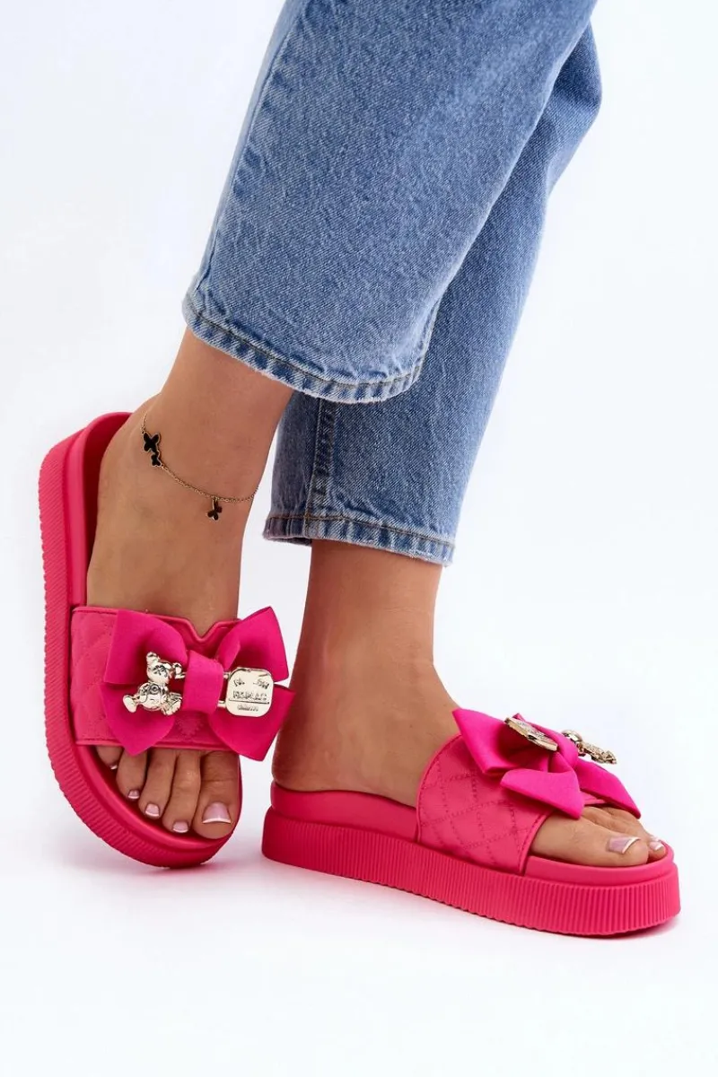 Damskie Klapki Z Kokardą i Misiem Fuksja Katterina Damskie Klapki Damskie Klasyczne