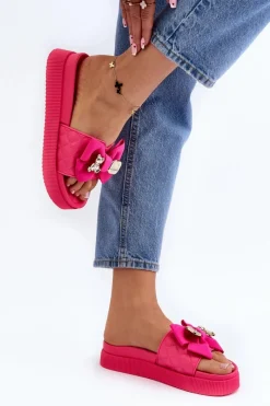 Damskie Klapki Z Kokardą i Misiem Fuksja Katterina Damskie Klapki Damskie Klasyczne