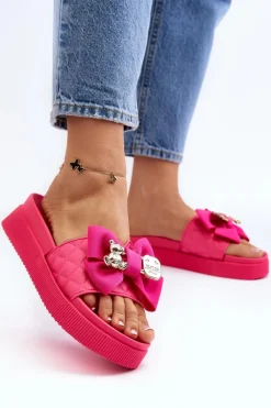 Damskie Klapki Z Kokardą i Misiem Fuksja Katterina Damskie Klapki Damskie Klasyczne