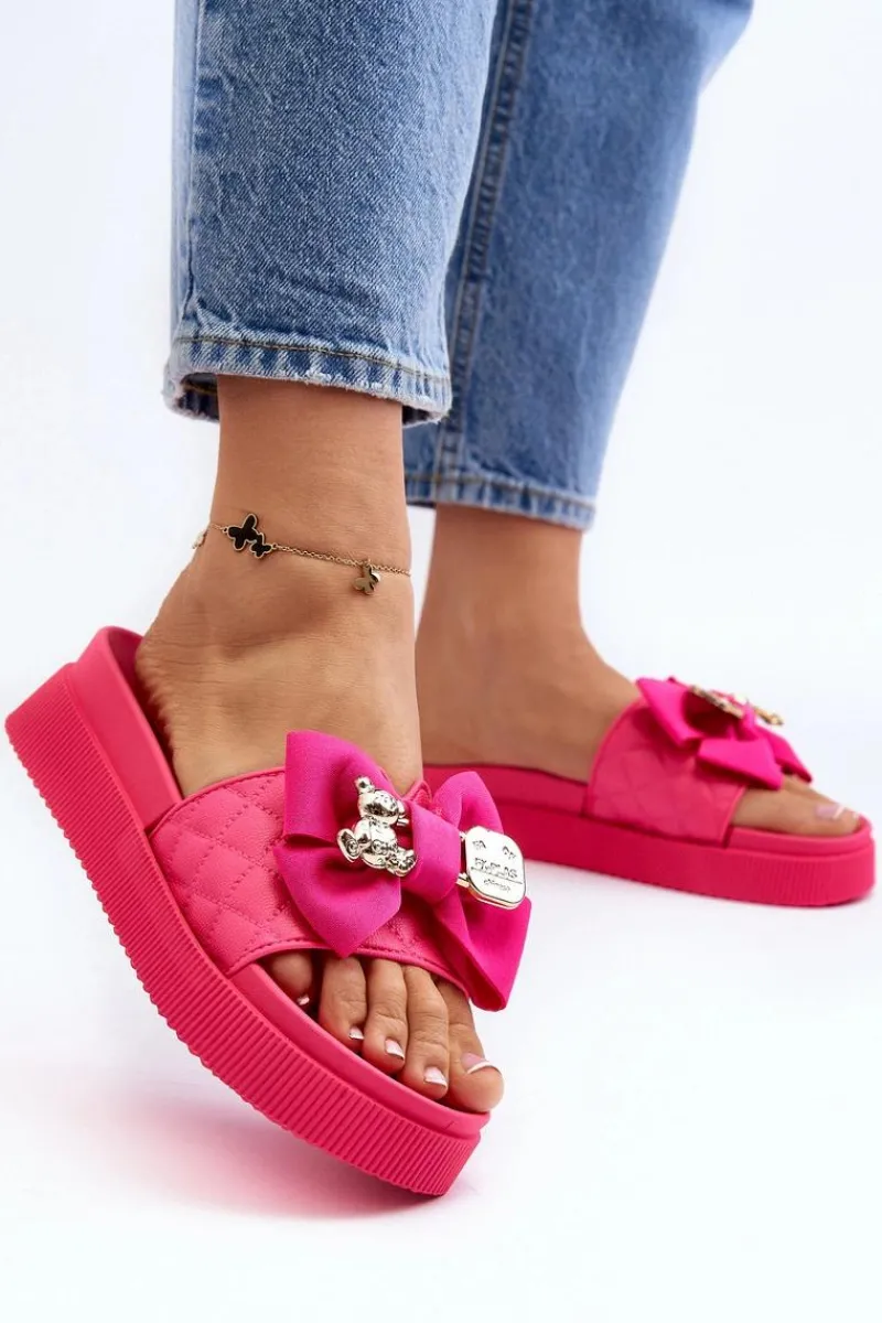 Damskie Klapki Z Kokardą i Misiem Fuksja Katterina Damskie Klapki Damskie Klasyczne