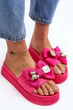 Damskie Klapki Z Kokardą i Misiem Fuksja Katterina Damskie Klapki Damskie Klasyczne