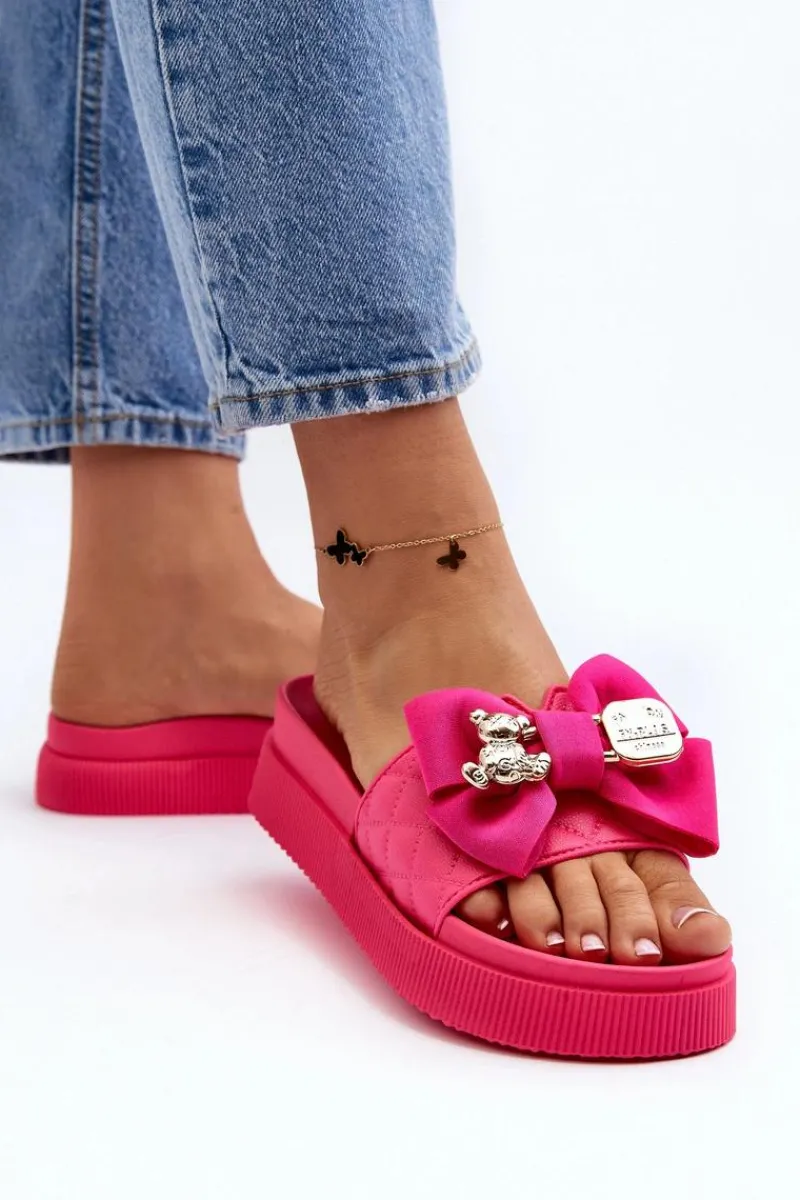 Damskie Klapki Z Kokardą i Misiem Fuksja Katterina Damskie Klapki Damskie Klasyczne