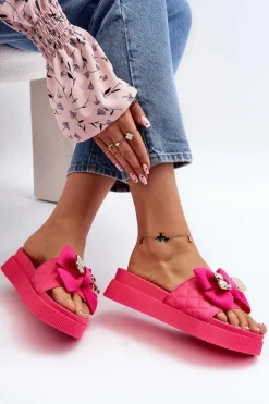 Damskie Klapki Z Kokardą i Misiem Fuksja Katterina Damskie Klapki Damskie Klasyczne