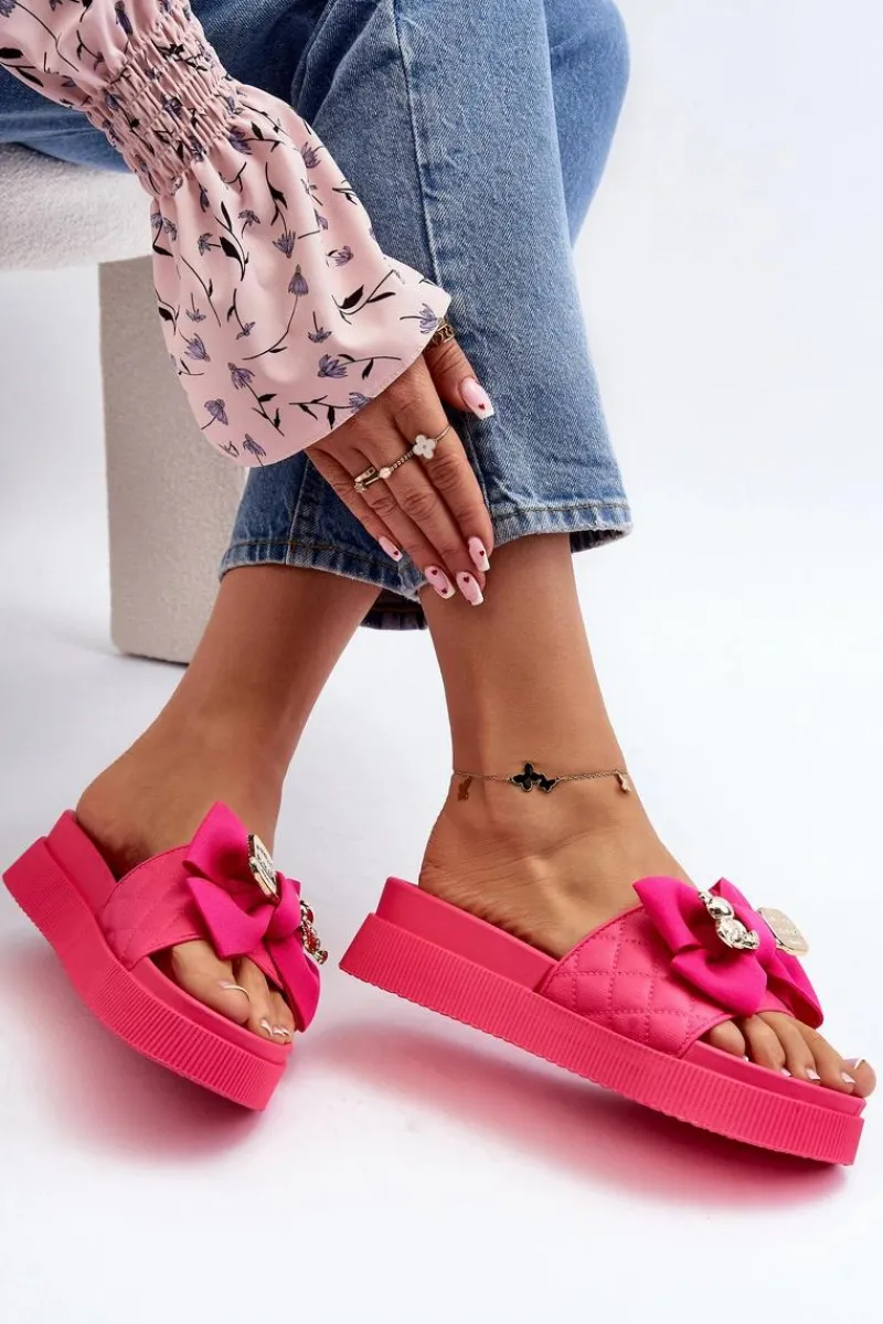 Damskie Klapki Z Kokardą i Misiem Fuksja Katterina Damskie Klapki Damskie Klasyczne