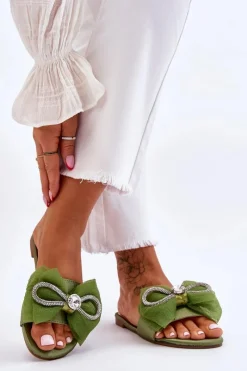 Klapki Damskie Klasyczne>Boto Damskie Klapki Z Kokardą I Cyrkoniami Zielone Jolene