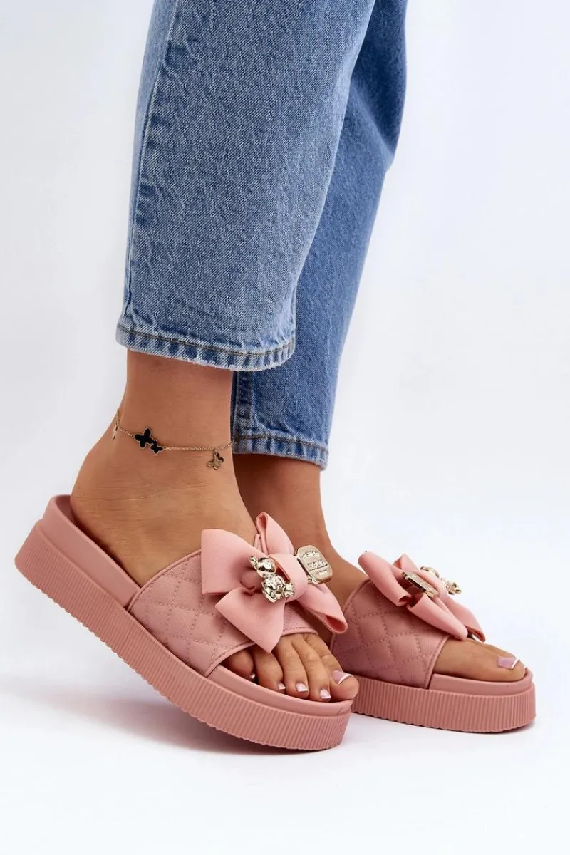 Klapki Damskie Klasyczne>Boto Damskie Klapki Z Kokardą i Misiem Różowe Katterina Różowy