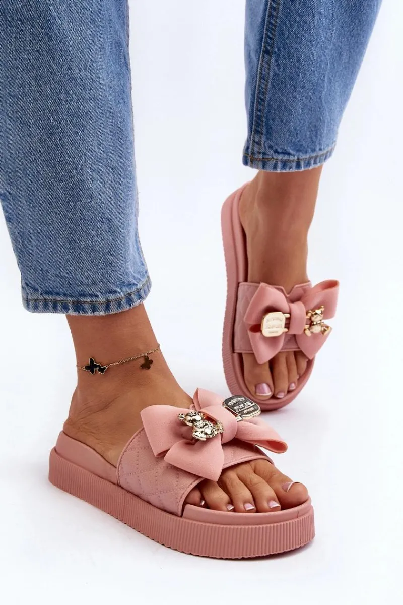 Klapki Damskie Klasyczne>Boto Damskie Klapki Z Kokardą i Misiem Różowe Katterina Różowy