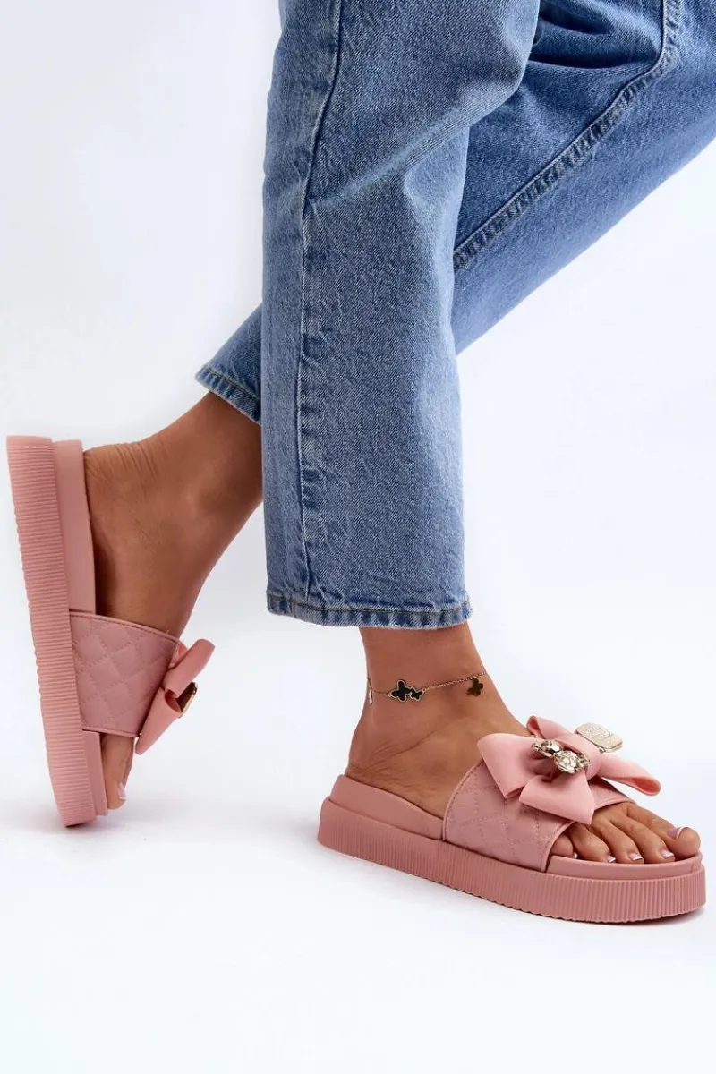 Klapki Damskie Klasyczne>Boto Damskie Klapki Z Kokardą i Misiem Różowe Katterina Różowy