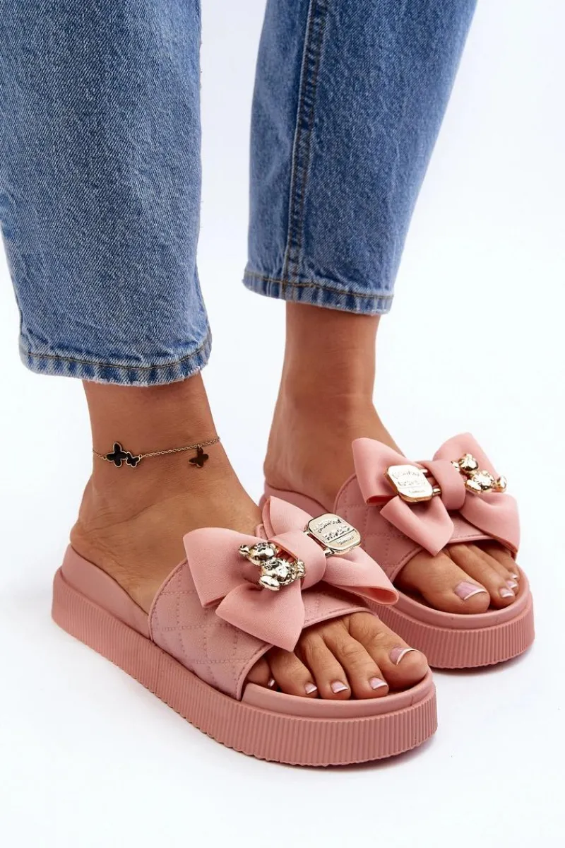 Klapki Damskie Klasyczne>Boto Damskie Klapki Z Kokardą i Misiem Różowe Katterina Różowy