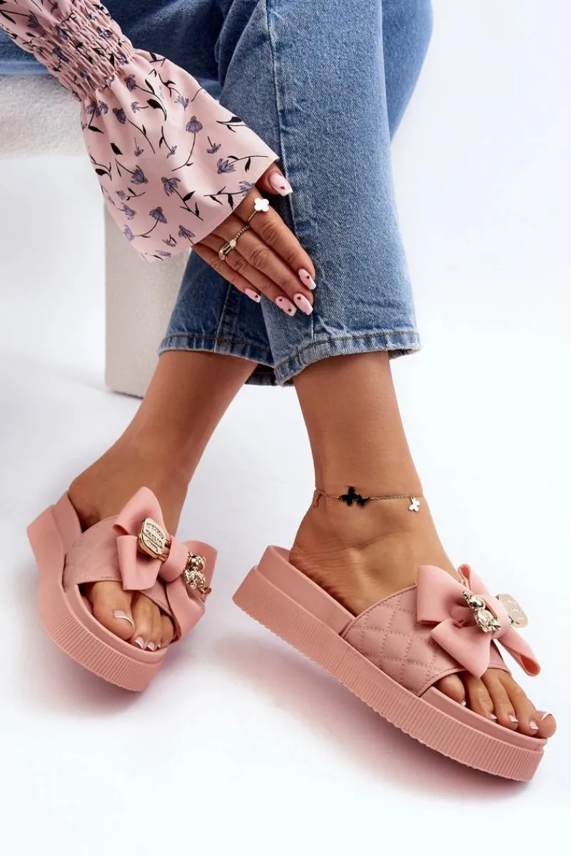 Klapki Damskie Klasyczne>Boto Damskie Klapki Z Kokardą i Misiem Różowe Katterina Różowy