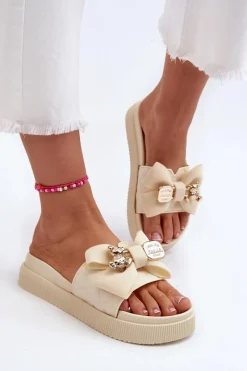 Klapki Damskie Klasyczne>Boto Damskie Klapki Z Kokardą i Misiem Beżowe Katterina