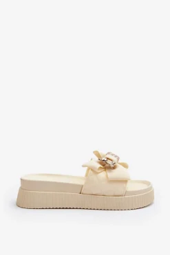 Klapki Damskie Klasyczne>Boto Damskie Klapki Z Kokardą i Misiem Beżowe Katterina