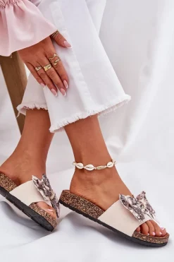 New Damskie Klapki Z Kokardą Na Korkowej Platformie Beżowe Lisandrea Damskie Klapki Korkowe|Klapki Na Platformie