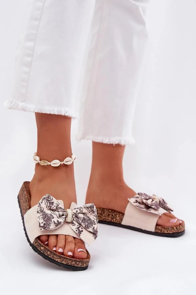 New Damskie Klapki Z Kokardą Na Korkowej Platformie Beżowe Lisandrea Damskie Klapki Korkowe|Klapki Na Platformie