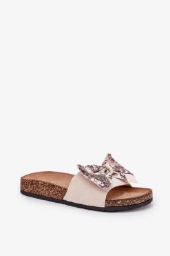 New Damskie Klapki Z Kokardą Na Korkowej Platformie Beżowe Lisandrea Damskie Klapki Korkowe|Klapki Na Platformie