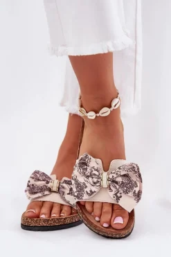 New Damskie Klapki Z Kokardą Na Korkowej Platformie Beżowe Lisandrea Damskie Klapki Korkowe|Klapki Na Platformie