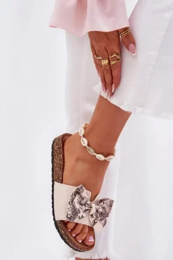 New Damskie Klapki Z Kokardą Na Korkowej Platformie Beżowe Lisandrea Damskie Klapki Korkowe|Klapki Na Platformie