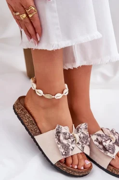 New Damskie Klapki Z Kokardą Na Korkowej Platformie Beżowe Lisandrea Damskie Klapki Korkowe|Klapki Na Platformie