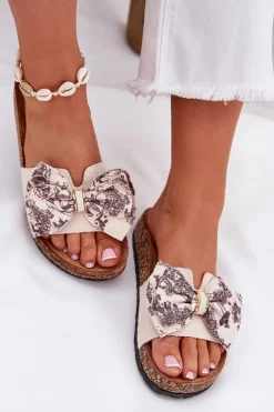 New Damskie Klapki Z Kokardą Na Korkowej Platformie Beżowe Lisandrea Damskie Klapki Korkowe|Klapki Na Platformie