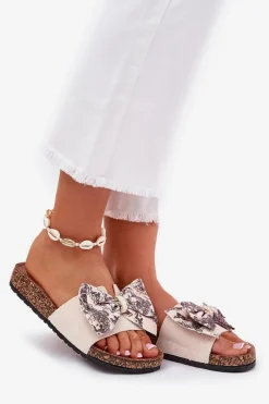 New Damskie Klapki Z Kokardą Na Korkowej Platformie Beżowe Lisandrea Damskie Klapki Korkowe|Klapki Na Platformie