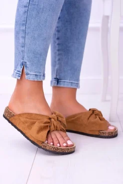 New Boto Damskie Klapki Z Kokardami Na Korku Camel Sunshine