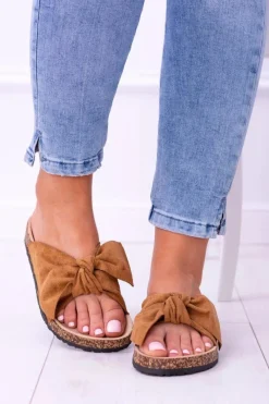 New Boto Damskie Klapki Z Kokardami Na Korku Camel Sunshine