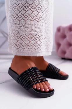 Klapki Damskie Klasyczne>Boto Damskie Klapki z Koralikami Czarne Elavi