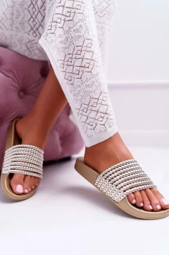 Discount Boto Damskie Klapki z Koralikami Złote Elavi