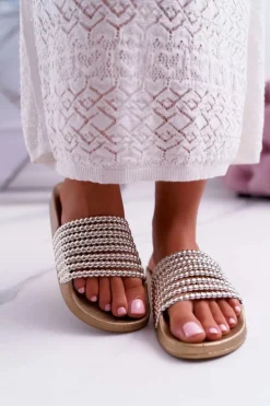 Discount Boto Damskie Klapki z Koralikami Złote Elavi