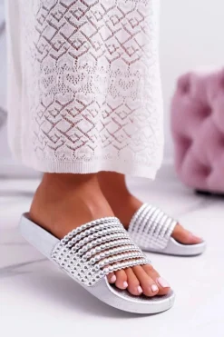 Hot Damskie Klapki z Koralikami Srebrne Elavi Damskie Klapki Damskie Klasyczne