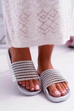 Hot Damskie Klapki z Koralikami Srebrne Elavi Damskie Klapki Damskie Klasyczne