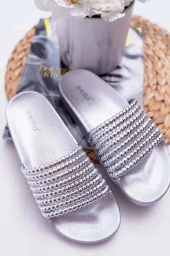 Hot Damskie Klapki z Koralikami Srebrne Elavi Damskie Klapki Damskie Klasyczne