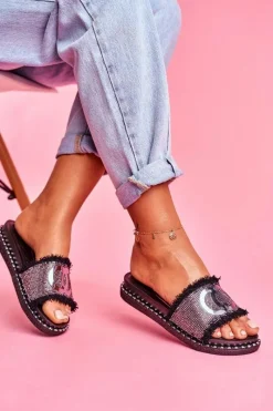 Hot Boto Damskie Klapki Z Kryształkami Czarne Valley