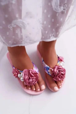 Klapki Na Koturnie|Klapki Na Obcasie>Boto Damskie Klapki Z Kwiatem Japonki Na Koturnie Różowe Sharme