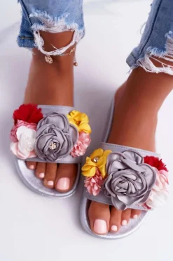 Klapki Damskie Klasyczne>Boto Damskie Klapki Z Kwiatem Szare Della