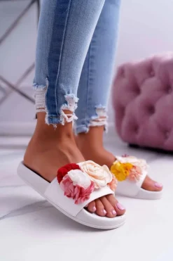 Best Boto Damskie Klapki Z Kwiatem Białe Della